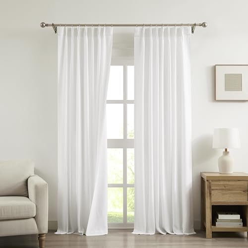 "Vision Home White Pinch Pleated Light Filtering Window Curtains with Microfiber Liner 84 inch Privacy Drapes for Living Room Bedroom Back Tabs with Hooks 2 Panels 40"" Wx84 L"