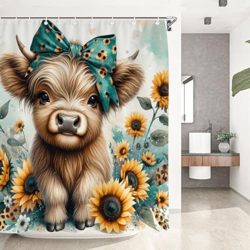 Reateforin Teal Cute Highland Cow Shower Curtain,Watercolor Floral Sunflower Shower Curtains Sets for Bathroom,Modern Farmhous Art Bath Curtain,Waterproof Fabric with 12 Hooks 72x72 Inches