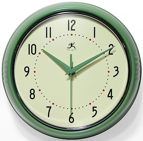 Infinity Instruments LTD. Retro 12 inch Silent Sweep Non-Ticking Mid Century Modern Kitchen Diner Wall Clock Quartz Movement Retro Wall Clock Decorative (Green)
