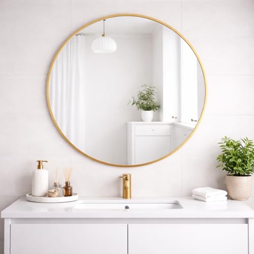 "MirrorOutlet The Fenestra - Gold edged Modern Round Circular Wall Mirror 35"" X 35"" (90CM X 90CM) Silver Mirror Glass with Black Metal Frame"