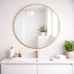 "MirrorOutlet The Fenestra - Gold edged Modern Round Circular Wall Mirror 35"" X 35"" (90CM X 90CM) Silver Mirror Glass with Black Metal Frame"