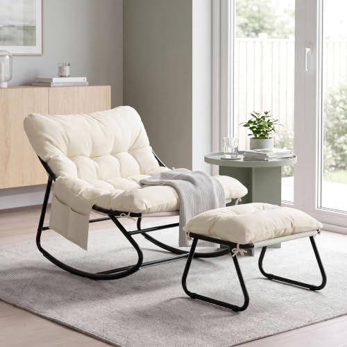 Clevich Rocking Chair with Footstool, Indoor/Outdoor Padded Rocking Lounger (Cream)