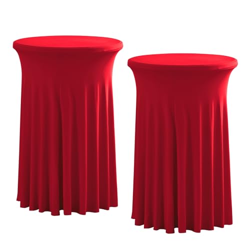 2 Pack Round 43 x 32 Inch Spandex Cocktail Tablecloth with Wavy Skirt Red Fitted Stretch Table Cover for Bar Wedding Party