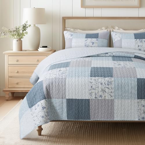 SLPR Coastal Dream 2-Piece Real Patchwork Cotton Quilt Set (173cm x 224cm) - with 1 Sham Pre-Washed Reversible Machine Washable Lightweight Bedspread Coverlet