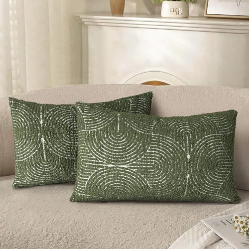 AELS Boho Decorative Textured Lumbar Pillow Covers 12x20, Modern Mid Century Rainbow Tufted Lumbar Pillow Case, Farmhouse Rustic Geometric Woven Cushion Case for Bed Couch Sofa, Olive Green