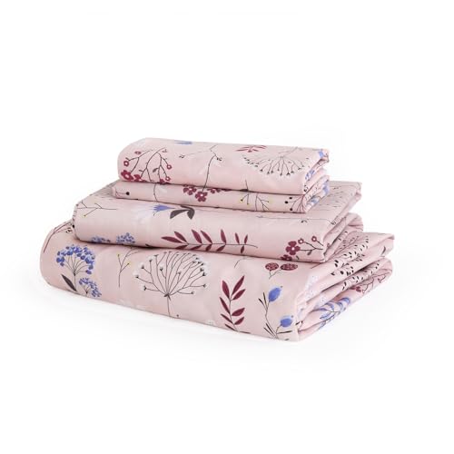 JSD Pink Floral Cotton Sheet Set Twin Size, 300 TC Botanical Printed Sateen Bed Sheets Deep Pocket, Soft Breathable Wrinkle Free