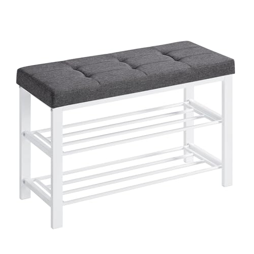 SONGMICS Shoe Bench, 3-Tier Shoe Rack for Entryway, Storage Organiser with Foam Padded Seat, Linen, Metal Frame, for Living Room, Hallway, 31 x 81 x 49 cm, White and Grey LBS057W03