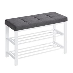 SONGMICS Shoe Bench, 3-Tier Shoe Rack for Entryway, Storage Organiser with Foam Padded Seat, Linen, Metal Frame, for Living Room, Hallway, 31 x 81 x 49 cm, White and Grey LBS057W03