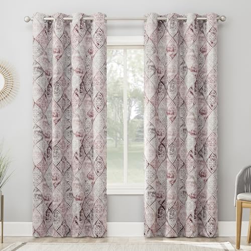 "Sun Zero Reardon Global Medallion Print Energy Saving Grommet Curtain Panel, 54"" x 63"", Rosewine"