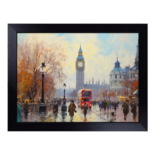 Lap Tray with Bean Bag Cushion, London Impressionism - Handmade in the UK, Raised Wooden Edge, Padded Cushion, Heat-Resistant Wipe-Clean Surface, for Meals, Laptops and Crafts
