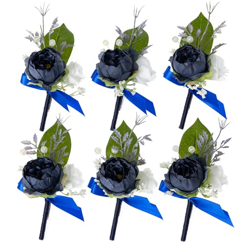 Fnize Boutonniere for Men Set of 6, Groomsmen Guest Boutonniere with Artificial Silk Flowers of Peony Rose, etc. for Wedding Graduation Prom Homecoming (Navy Blue)