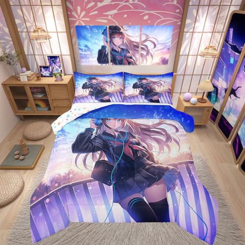 Erosebridal Anime Girl Bedding Set Twin Size, Japanese Anime Comforter Set for Kids Boys Teens Bedroom Decor, Cartoon Manga Girl Duvet Insert Kawaii Japanese Animation Quilt with 1 Pillow Case
