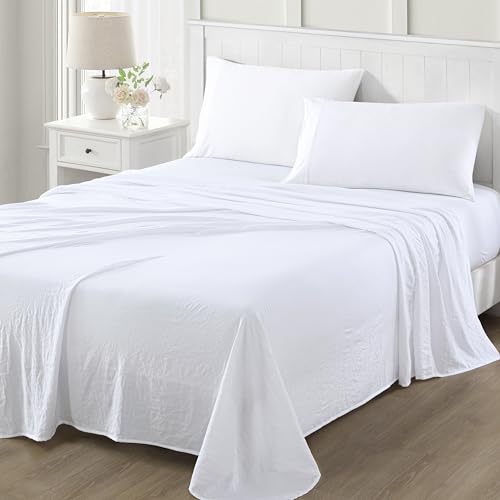 Martha Stewart Ultra Soft Brushed and Washed Microfiber 4 Piece Sheet Set, Easy Care, Comfy Bed Sheets with Deep Pocket, 1 Flat and 1 Fitted Sheet, 2 Standard Pillowcases, Full Size, Brilliant White