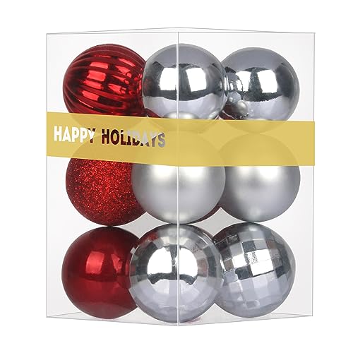 "12PCS Christmas Balls Ornaments for Xmas Tree - Small Shatterproof Christmas Tree Decorations Perfect Hanging Ball Wreath Garland Decor Ornaments Silver & Rose Candy Red 1.6"" x 12 Pack"