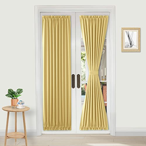 DWCN French Door Curtains ??? Rod Pocket Thermal Blackout Curtain for Doors with Glass Window, Kitchen and Patio Doors for Privacy, 25 X 72 Inches Long, 1 Curtain Panel with Tieback, Light Yellow