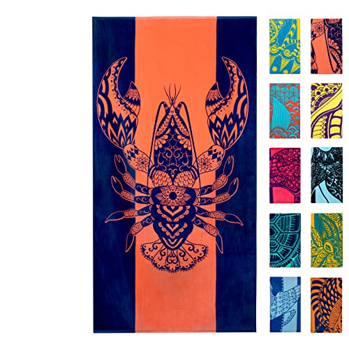 "Nova Blue Lobster Beach Towel - 34"" x 63"" Solid Color Cotton Beach Towel with Tropical Design - Extra Large, XL Blue Striped Beach Blanket"