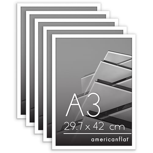 Americanflat A3 Picture Frame with Polished Plexi Cover - Set of 5 - Streamline Collection - Thin Border Picture Frame for Wall Display - Hanging Hardware Included - White