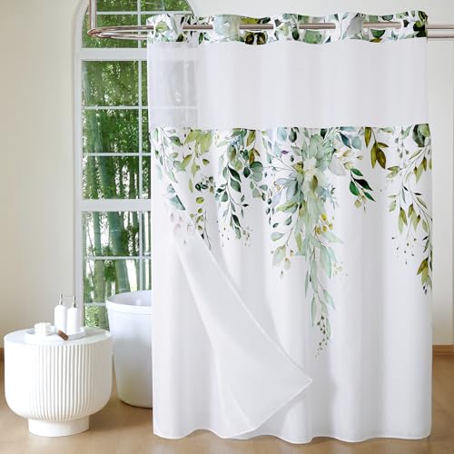 QIYI No Hook Shower Curtain with Snap in Fabric Liner, Sage Green Eucalyptus Shower Curtain with See Through Top Window, Waterproof Washable Cloth Ringless Shower Curtain Set for Bathroom, 72 x 81