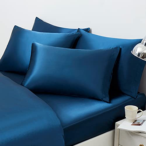 Ersmak Satin Pillowcase Queen Set of 4, Ultra Soft & Silky Satin Pillow Cases for Hair and Skin, Wrinkle Fade Resistant Pillow Covers with Envelope Closure (Navy Blue)