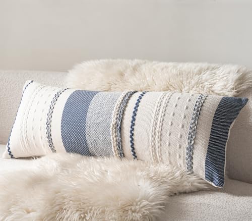 Cethom Boho Lumbar Pillow Covers 14x36 Inch Long, Navy Blue Textured Decorative Couch Pillow Cases for Farmhouse Home Decor, Accent Cushion Cover for Sofa, Bed, Living Room, Bedroom, Pack of 1