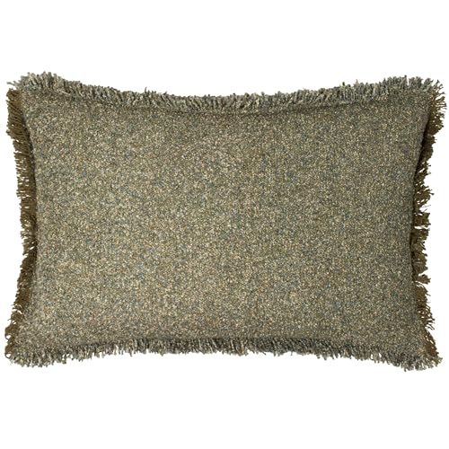 Yard Furn Doze Woven Cushion – Two-Tone Woven Reversible Design Fringed Trim Hidden Zip Polyester Filled (Moss – 40 x 60 cm)