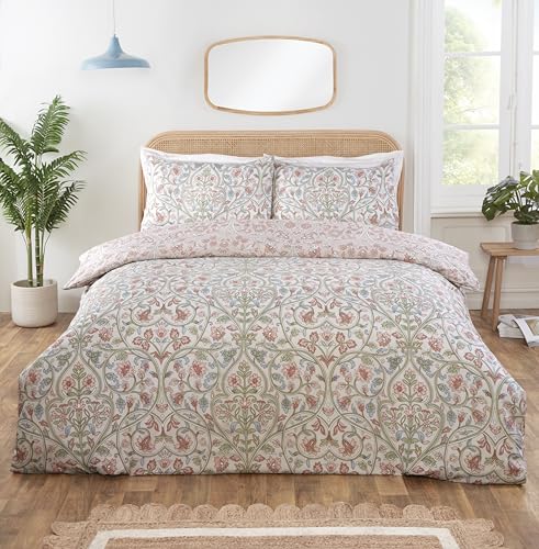 Rapport home Harrow Microfibre Duvet Cover Set Double - Luxurious Floral Vintage Damask Reversible 3-Piece Bedding for All Seasons - Natural