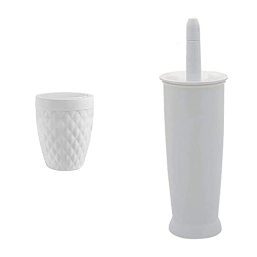 Addis 518030 Diamond Style Round Swing Lid Bathroom Bin, White & Closed Toilet Brush Set, Plastic, White, 12.5 x 12.5 x 39 cm, 510284