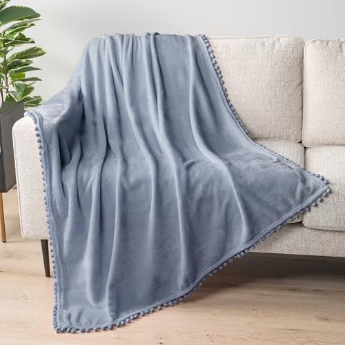 PAVILIA Fleece Throw Blanket for Couch with Pom Pom Fringe, Light Blue Dusty, Soft Cozy Fuzzy Flannel Blanket for Sofa Bed, Lightweight Plush All Season Throw, 50x60 Inches