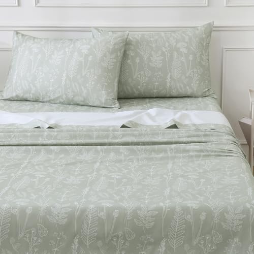 "Homilay 100% Organic Cotton Percale Sheets Set,Queen Size 4 PC, Breathable&Durable Hotel Quality Bedding, 16"" Deep Pocket Botanical Floral Bedsheets,Sage Green"