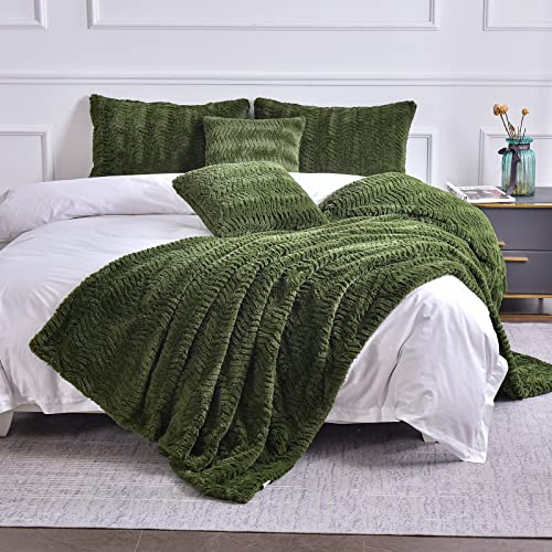 "YUSOKI Luxury Faux Fur Blanket, Soft Fuzzy Fluffy Comfy Warm Blanket for Couch, Bed, Chair, Sofa - Women, Teen Girls, Men Gift (Olive Green, Queen 90""x90"")"