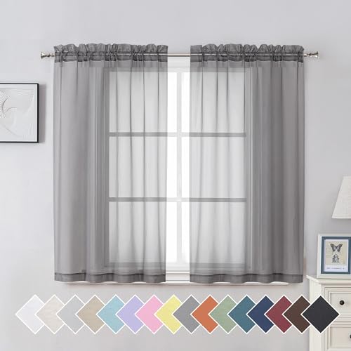 "Aiyufeng 2 Piece Grey Short Sheer Curtains 45 Inch Length, Light Filtering Kitchen Curtain for Bedrrom/Living Room/Kitchen Window, Voile Top Dual Rod Pocket, 2 x 40 W x 45"" L"
