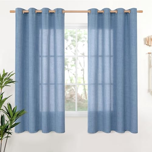YoungsTex Blue Linen Curtains 68 Inch Length 2 Panels with Grommet - Light Filtering Drapes Semi Sheer Textured Privacy for Bedroom Living Room Window, 52 x 68 Inch