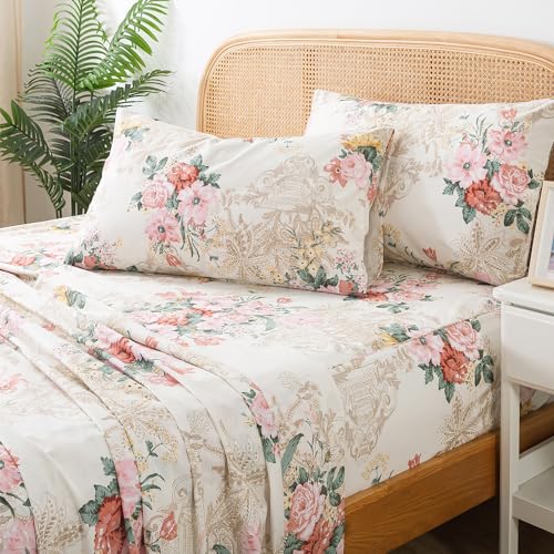 Zusbest King Floral Bed Sheets, Soft 100% Cotton Pink & Cream Sheets Set, Shabby Vintage Chic Peony Flower Printed Paisley Bed Set, Breathable Luxury Bedding 4 Piece Deep Pocket 17.5??????