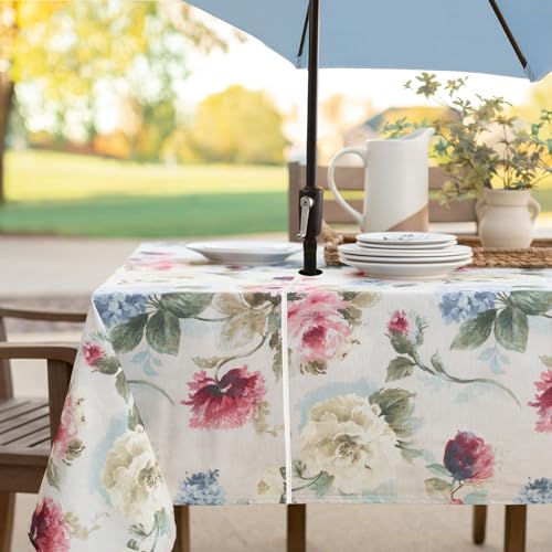 "Benson Mills Spillproof Spring/Summer Fabric Outdoor Tablecloth with Umbrella Hole, Zippered Table Cloth for Rectangle Tables, Picnic/Patio Table (60"" x 84"" Rectangular with Umbrella Hole, Pamona)"