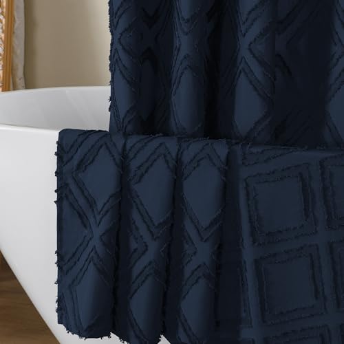 OWENIE Navy Blue Shower Curtain Set, Jacquard Geometric Textured Fabric Boho Shower Curtain for Bathroom, Soft Hotel Style Farmhouse Shower Curtains Grommet Top 12 Hooks, Machine Washable, 72x72