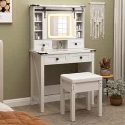 RELAX4LIFE Dressing Table and Stool Set with 3-Color LED Sliding Mirror, Farmhouse Makeup Vanity Desk with Storage Shelves and 4 Drawers, Cosmetic Bedroom Dresser Make Up Desk Stool