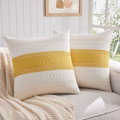 ZeeMart 2 Pack Boho Throw Pillow Covers, Contrast Mustard 24x24in - Soft Breathable Cotton, Farmhouse Decorative Couch Pillow Cases, Cushion Covers for Sofa Bed Living Room Home Decor