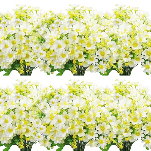 Uieke 12 Bundles Artificial Fake Flowers Outdoors UV Resistant Faux Daisy Mums Silk Flowers Bulk No Fade Shrubs Plants for Indoor Outside Home Wedding DIY Garden Porch Summer D??cor (White)