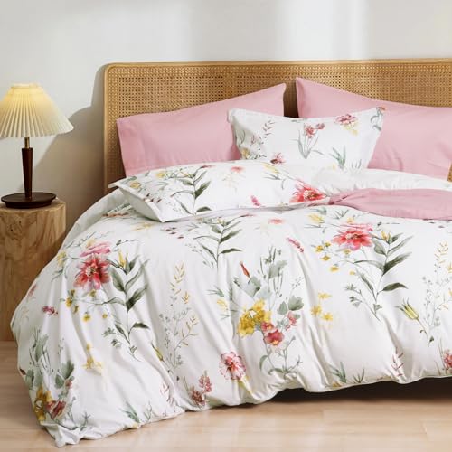 "PHF Ultra Soft Floral Duvet Cover King Size, Printed Bedding Set 3 Pieces, Comfy Durable Farmhouse Duvet Cover Set with 2 Pillow Shams, Zipper Closure and 8 Ties, 104""x90"", White & Yellow"