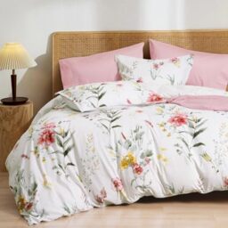 "PHF Ultra Soft Floral Duvet Cover King Size, Printed Bedding Set 3 Pieces, Comfy Durable Farmhouse Duvet Cover Set with 2 Pillow Shams, Zipper Closure and 8 Ties, 104""x90"", White & Yellow"
