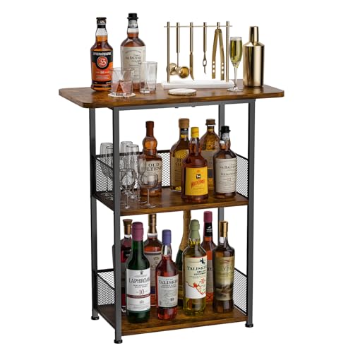 Eyteenokk Floor Standing Freestanding Whiskey Rack: 3 Tier Wine Rack Mini Bar Table Corner Wine Bottle Display Stand Coffee Bar, for Bottles,Coffee Maker and Mugs