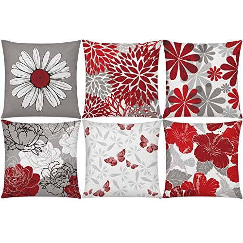COMMINY Red Grey Pillow Covers 20x20 Set of 6, Daisy Flower Throw Pillow Cover Case Rustic Square Cushion Cover for Sofa Bedroom Living Room Farmhouse Home Decor
