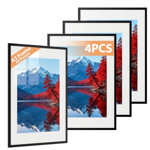 Alyvisun 4 Pack A3 Picture Frame, A3 Photo Frame Display Pictures 20.5x28.7 cm with Mat or 28.7x41 cm Without Mat, Picture Frames Horizontal & Vertical Wall Hanging for Photos, Posters, Art, Black