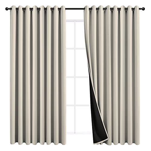 JSFLY 100% Blackout Curtains 84 inch Length for Bedroom, Thick Noise Reduction Thermal Insulated Grommet Window Drapes Light Blocking Curtains for Living Room, 2 Panels (108x84 inches,Beige)