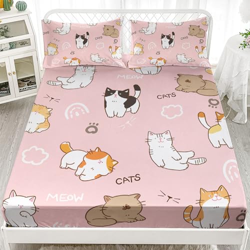 XYNHML Kids Cute Cat Fitted Sheet Set 3Pcs Cartoon Pet Cat Paw Quilt Bed Sheets Full Lovely Animal White Cloudy Bedding Set for Boys Teens Adult Includes 1 Fitted Sheet,2 Pillowcases