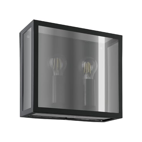 Eglo LED Outdoor wall Light Alamonte Smoke, 2 lamp Porch Lighting with Smoked Glass, Steel and Glass in Black, E27 Socket, IP44 Rating