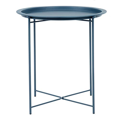 Hodge and Hodge Round Metal Folding Side Table Tray Top Light Portable Coffee Night Stand Dark Blue
