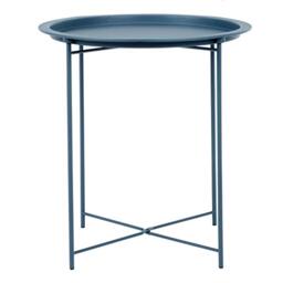 Hodge and Hodge Round Metal Folding Side Table Tray Top Light Portable Coffee Night Stand Dark Blue