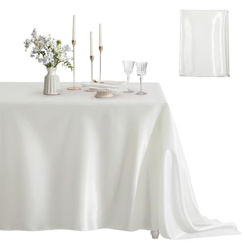 Counfeisly 1 Pack Satin Table Cover Rectangle, Off White, 60 x 84 Inches - Silky Soft, For Wedding Banquet Table Decoration, Dining Room, Indoor and Outdoor Use