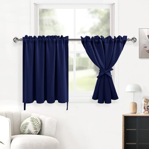 DWCN Navy Blackout Curtains for Living Room, Short Curtains for Small Window, Room Darkening Curtain Tiers for Boys Room, Basement, 30 Inch Length Bedroom Curtains - 42 by 30 Inch, Navy, 1 Pair